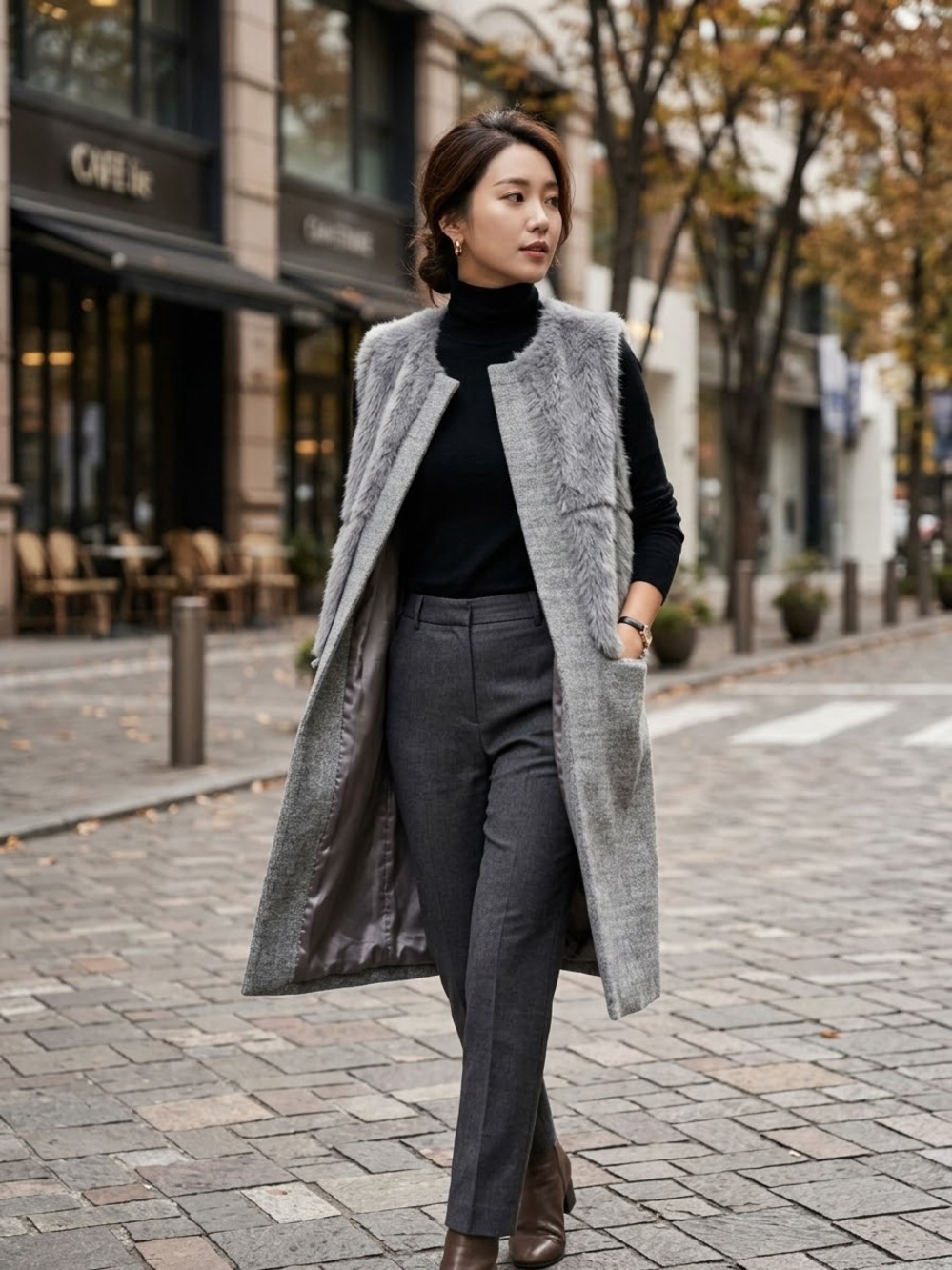 Sleeveless Wool and Real Rabbit Fur Long Vest in Gray